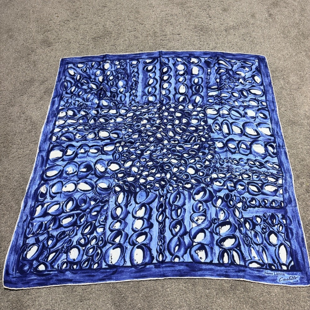 Vintage Jeanne Lanvin Castillo Blue White Abstract Silk Scarf Hand Rolled 30x30